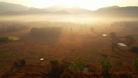 Aerial view from a drone over misty landscape on farmland. 4K