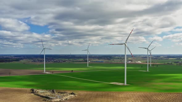 Aerial view of wind turbines in spring, Poland
