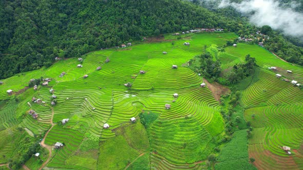 Drone flying over green rice terraces field in countryside