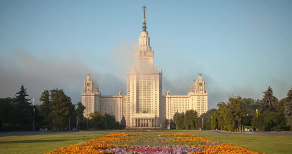 Moscow State University at dawn in the clouds