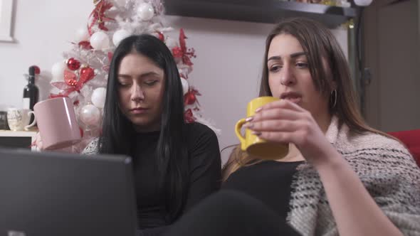 Women Drinking Coffee and Using Laptop at Home at Christmas