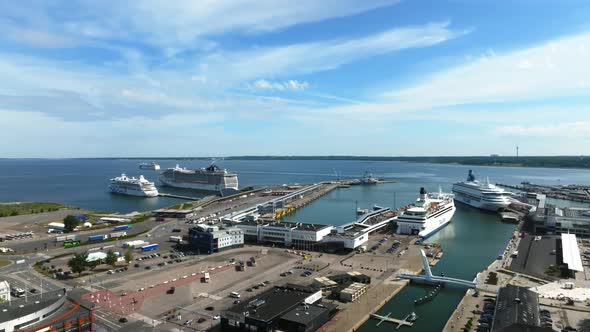 Large Port in Estonia Tallinn with Many Cruise Ships Docked