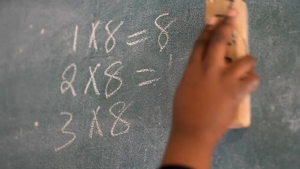 Schoolkid dusting chalkboard in classroom at school 4k