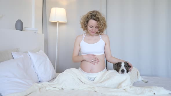 Happy Pregnancy Concept. Young Pregnant Woman In Bed With Her Dog