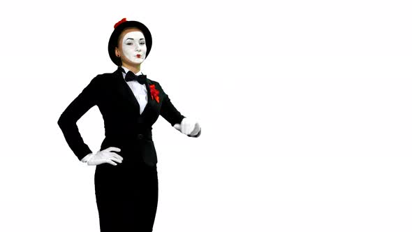 Funny Woman Mime Shows and Speaks About Something on White Background