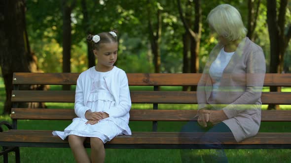 Girl Remembering Her Grandmother, Sitting on Bench Alone, Loss of Grandparent