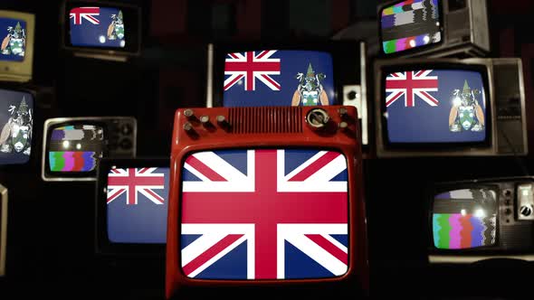 Flags of Ascension Island and UK Flag on Retro TVs.