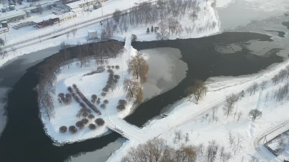 Winter River Svisloch with an Island in the Center of Minsk