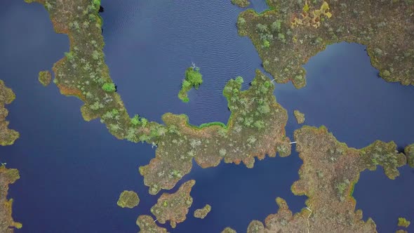 Beautiful aerial birdseye view of bog landscape with lakes on a sunny summer day, Dunika peat bog (R