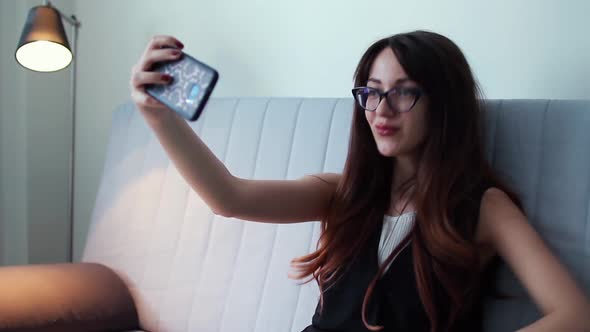 Beautiful Woman Makes Selfie By Cellphone Attractive Girl Photographing Herself