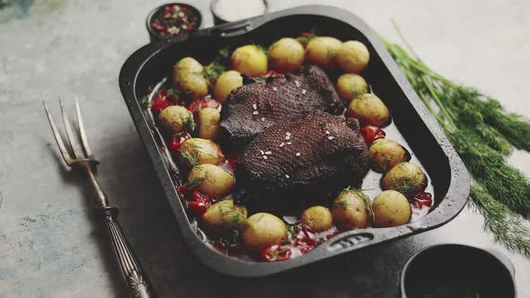 Delicious Roasted Goose Breast Served with Vegetables, Potatoes. Placed in Metal Baking Dish