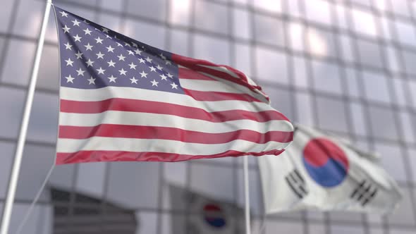 Waving Flags of the United States and South Korea