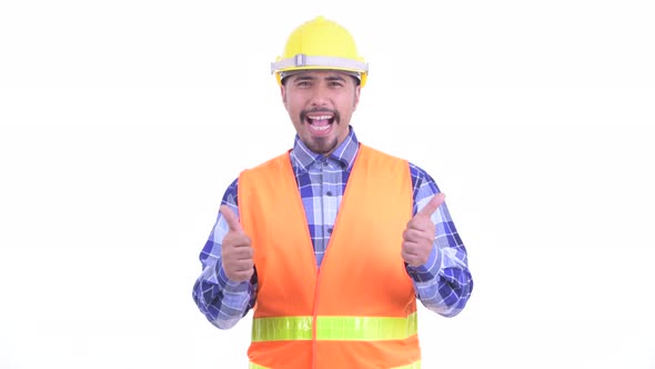 Happy Bearded Persian Man Construction Worker Giving Thumbs Up and Looking Excited