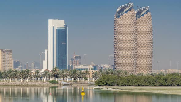 View of Skyscrapers Skyline with Al Bahr Towers in Abu Dhabi Timelapse