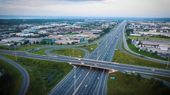 Aerial shot of a bustling city highway.