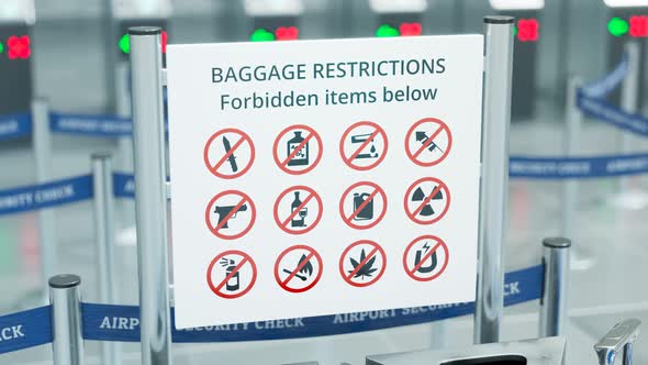 Animation focusing on "Baggage Restrictions" sign. Heading camera. Vector. 4k HD