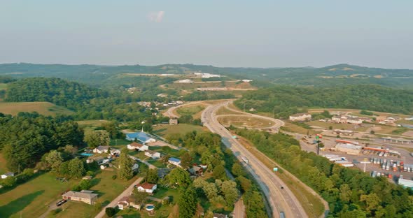 Small Town Village in Pennsylvania with Trees and Hills on the Meadow Near Highway 70