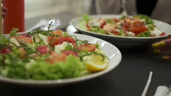 Two Plates Of Appetizing Salad With Shrimp Tomatoes Cheese And Lettuce