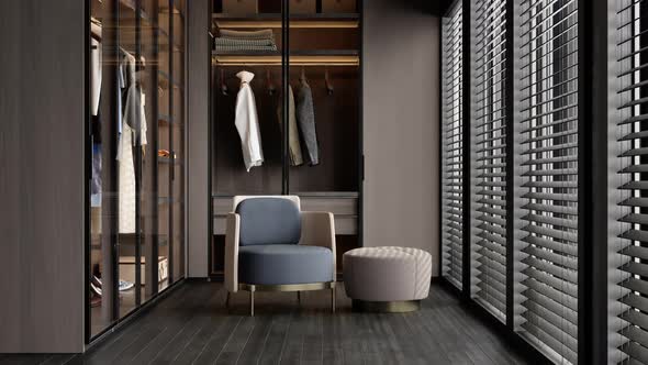 Luxury Dressing Room With Closet, Armchair And Hassock