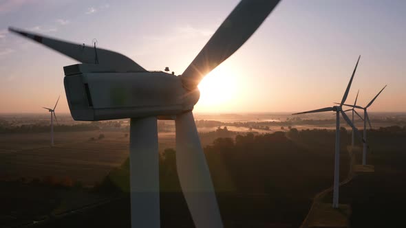 Aerial View of Large Wind Turbines Producing Clean Sustainable Energy