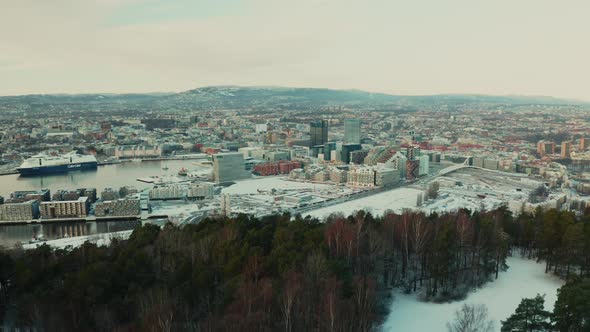 Trees In Ekeberg Park With City Of Oslo In Background During Winter Season In Norway, - drone descen