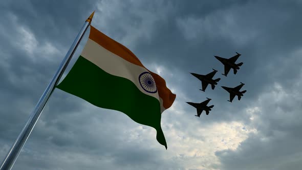Waving Indian Flag and Grouped Warplanes