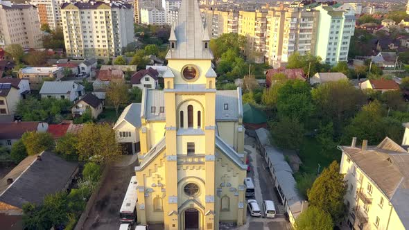 Aerial view of an old church in Ivano-Frankivsk, Ukraine.