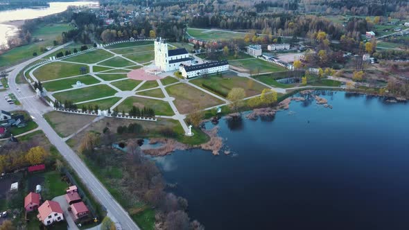 Majestic Aglona Cathedral in Latvia. White Chatolic Church Basilica. Aerial Dron 4K Shot