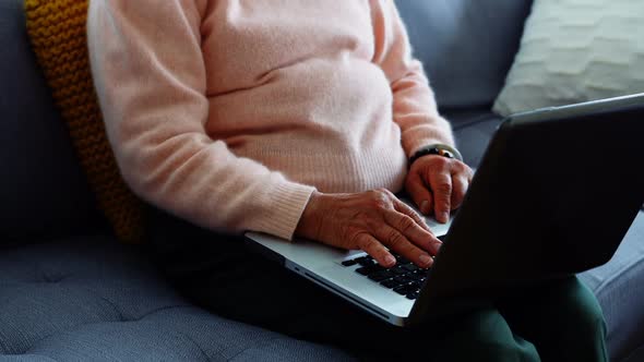 Senior woman using laptop in living room