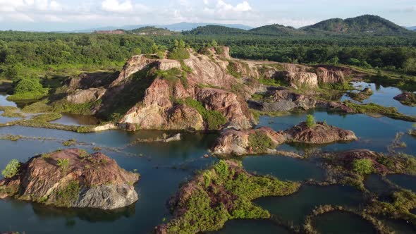 Aerial view beautiful lake at abandoned quarry site