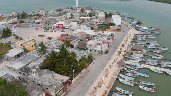 Aerial View of Rural Coastal Town with Square