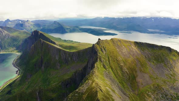 Flying Around the Husfjellet Mountain on Senja Island in Northern Norway