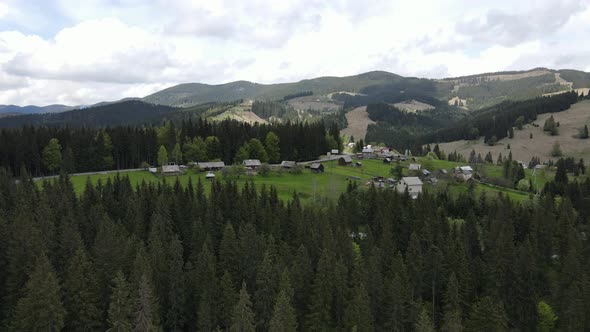 Ukraine, Carpathian Mountains: Village in the Mountains. Aerial