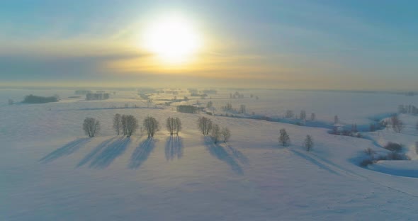 Aerial View of Cold Winter Landscape Arctic Field Trees Covered with Frost Snow Ice River and Sun