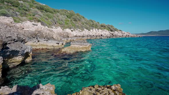 Panoramic View of Clear Turcuoise Water of Mediterranean Sea at Rocky Coast in Marmaris Turkey