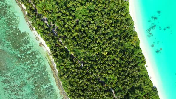 Tropical drone island view of a sunshine white sandy paradise beach and turquoise sea background 