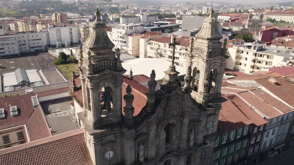 Santa Cruz church of Braga in Portugal. Aerial circling