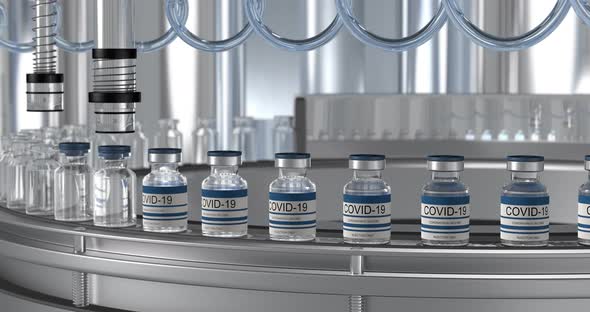 SARSCOV2 COVID19 Mass Production of Coronavirus Vaccine a Machine Pours the Vaccine Seals Bottle alt