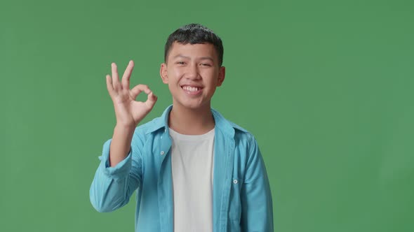 A Portrait Of A Happy Young Asian Boy Showing Okay Gesture To The Camera In The Green Screen Studio