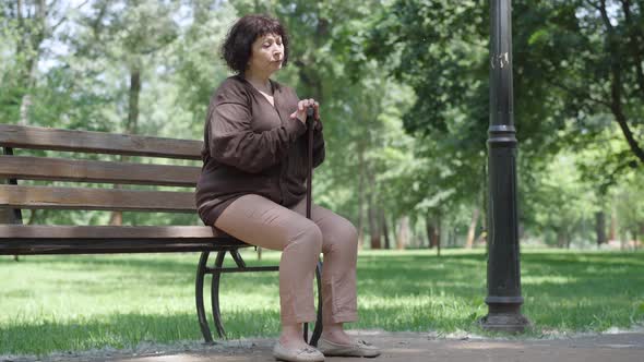 Wide Shot of Lonely Upset Senior Woman Sitting on Bench in Summer or Spring Park and Thinking