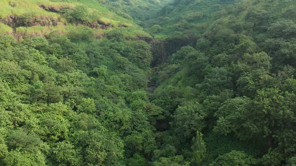 Mountain Range With A Lush Evergreen Forest In Maharashtra, India. - aerial descend