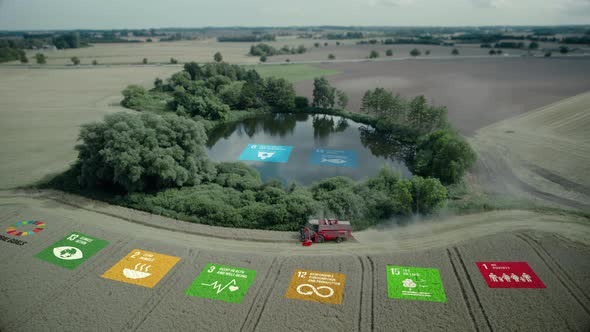 Ecological Green Energy The Globas Goals Icons Concept Drone Shot Of Harvester In A Cornfield