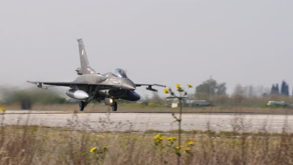 Supersonic Combat Jet Airplane Takeoff Run with Full Afterburner