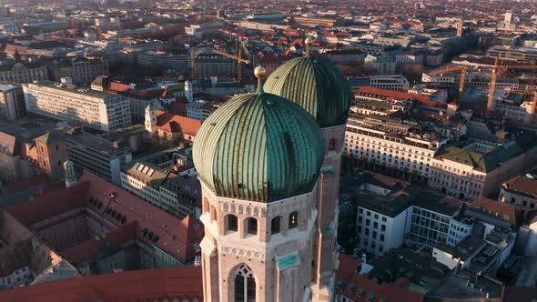 Aerial View of the Towers of the Church of Our Lady (Frauenkirche) in Munich Germany