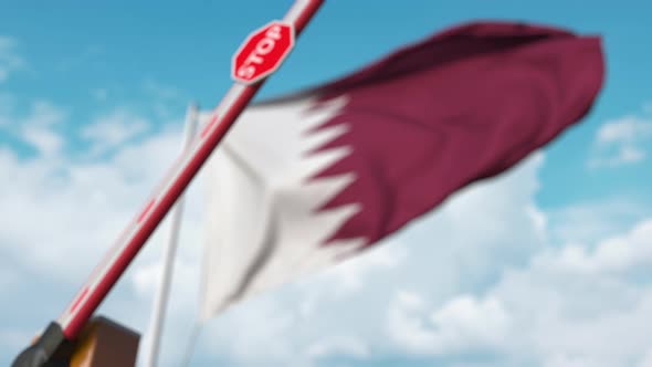 Barrier Gate Being Closed with Flag of Qatar As a Background alt