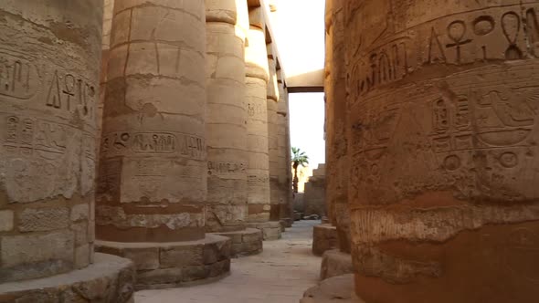 Columns in Karnak Temple with Ancient Egypt Hieroglyphics