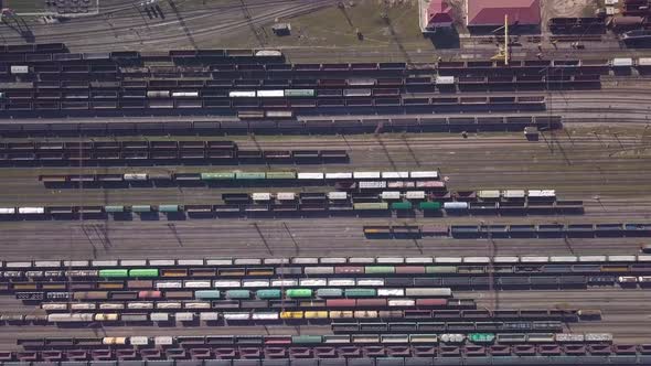 Aerial View of Railway Sorting Station and A Lot of Wagons at a Railway