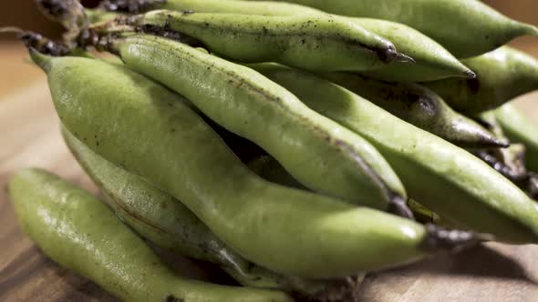 Rotating stack of freshly picked Fava beans in pods.