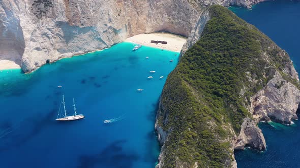 View of Navagio beach, Zakynthos Island, Greece. Aerial landscape. Azure sea water.