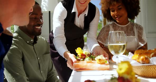 Smiling waitress serving food to customers